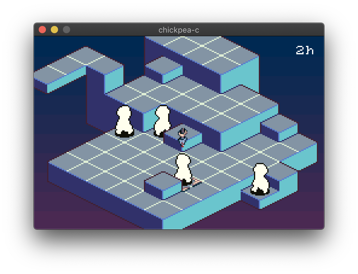 A screenshot of Chickpea running natively on MacOS, showing an isometric tilemap, with a cursor and blank characters positioned in the world.